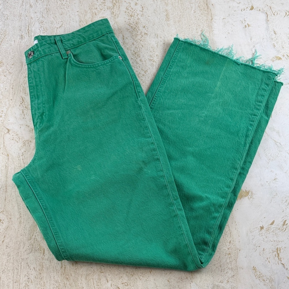 Zara Kelly green denim women’s pants size 12 raw hem 100% cotton